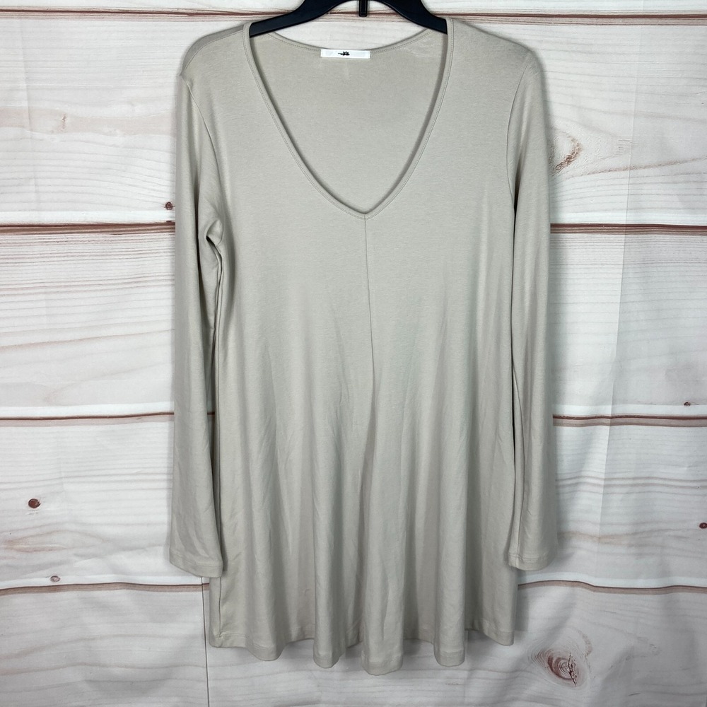 Jarbo Top Womens 38 8 Beige V-Neck T-Shirt Tunic Organic Cotton Long Sleeve